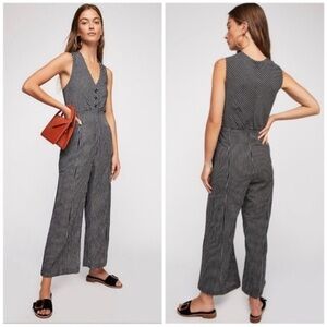 Free People The Liberty Jumpsuits Wide Leg Cotton Black White Striped Size 0